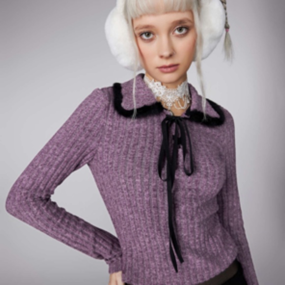 Cider Terry Collar Solid Bowknot Sweatshirt NWT - Picture 1 of 9